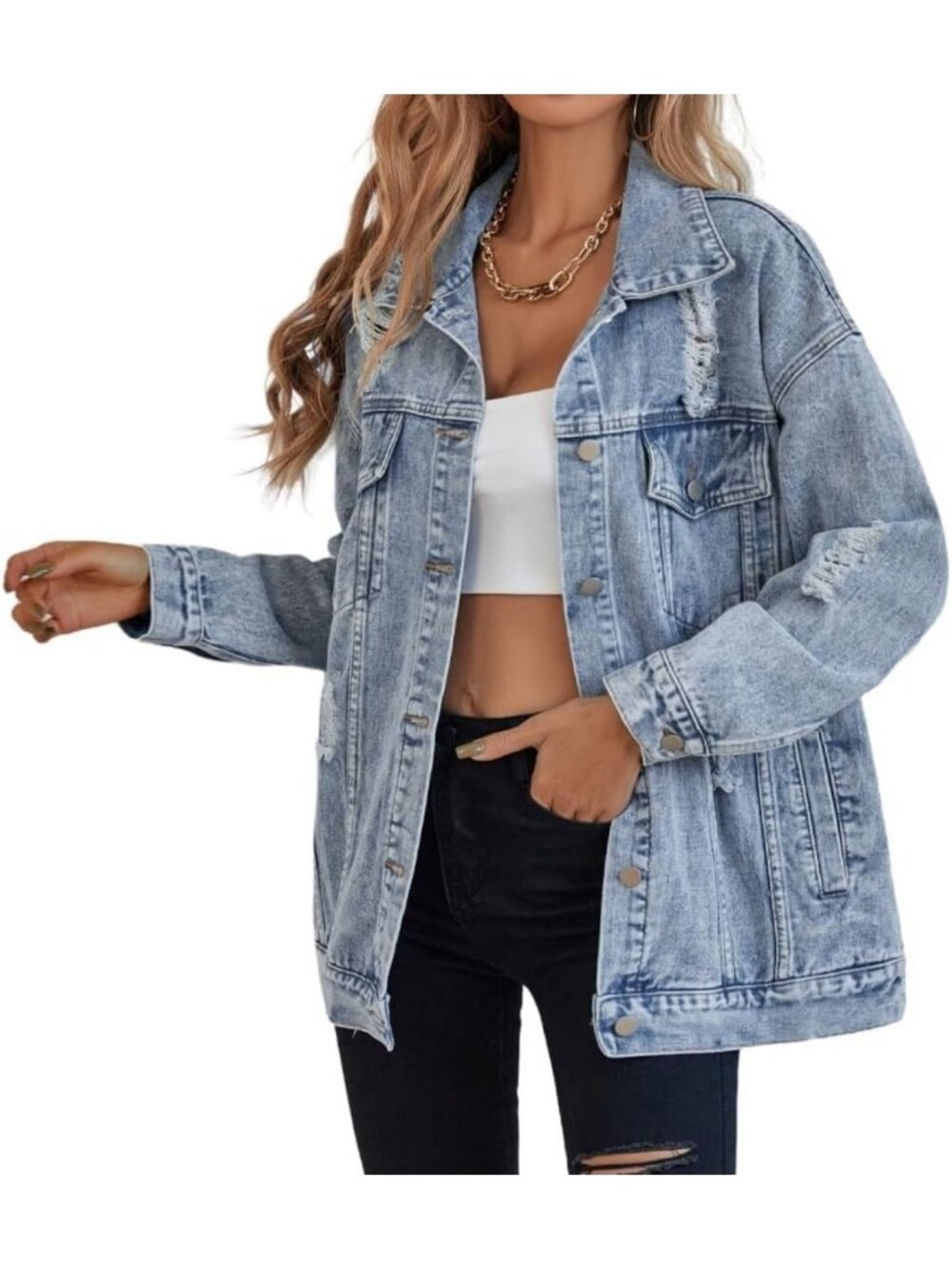 Oversized Ripped Denim Jacket for Women | Boyfriend Trucker Coat, Long Sleeve